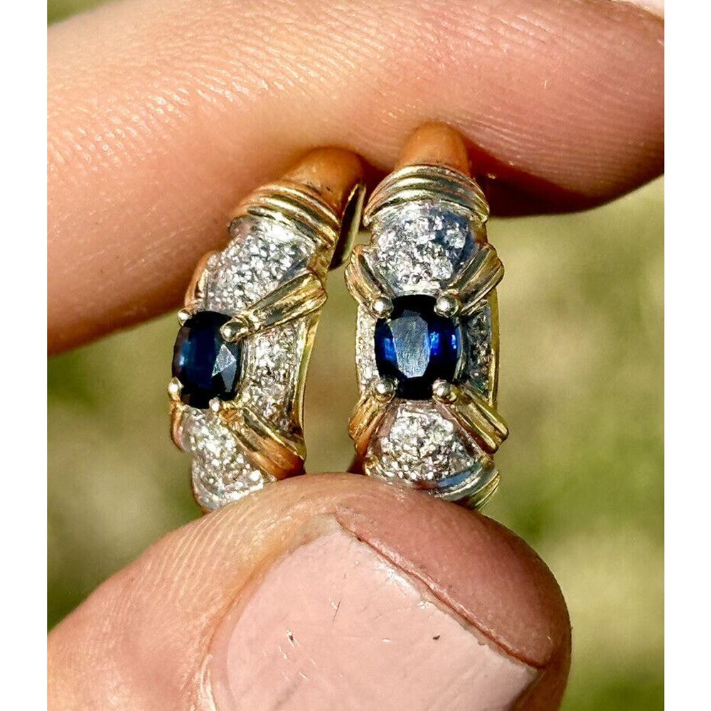 14k Solid Yellow Gold Natural Sapphire And Diamonds Earrings Hoops